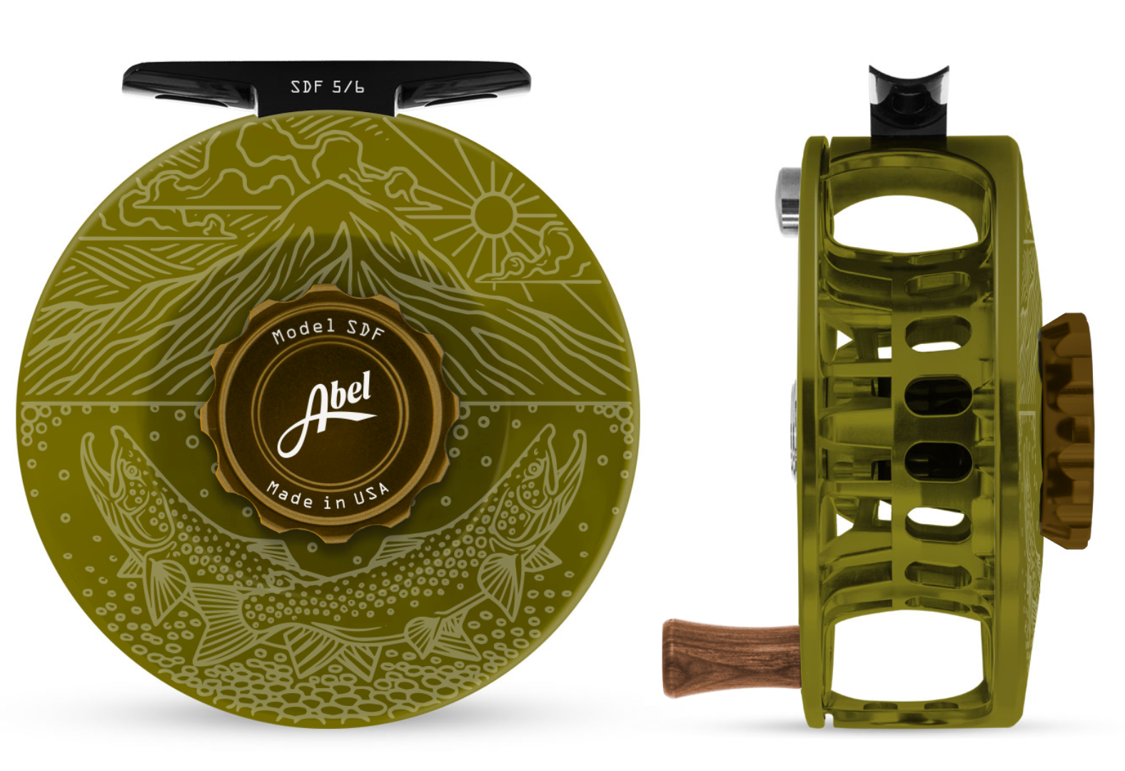 Abel SDF Reel - Underwood Ridge Risers - Olive 5/6- Dark Olive Drag Knob Fly Reel